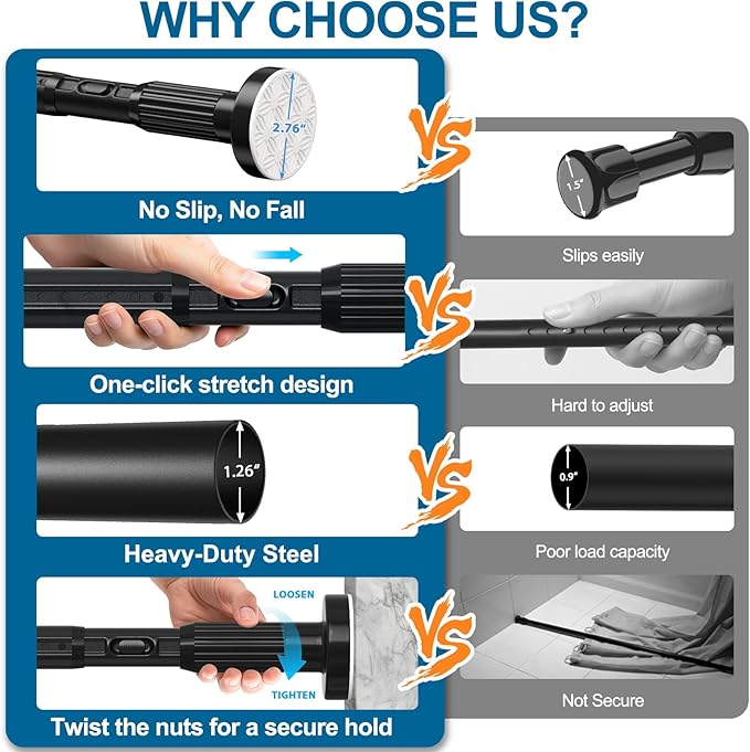 AIZESI 41-118 Inch Heavy Duty Black Tension Curtain Rod - No Drilling, Adjustable, Rust-Proof for Outdoor, Living Room, Bathroom