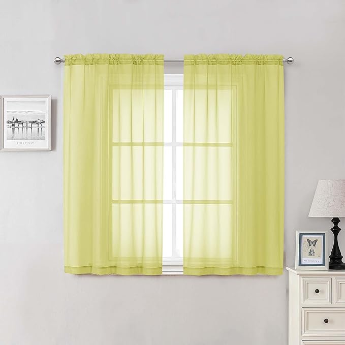 Lecloud Lemon Sheer Curtains for Living Room 54 Inch Length 2 Pcs, Solid Color Voile Modern Farmhouse Decor, Airy Rod Pockets Bedroom Curtains for Bathroom Dining Room, Each Panel 42" W x 54" L