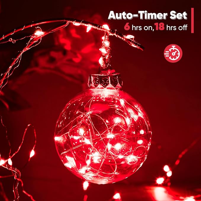1 Pack 16.4 Ft. Battery Operated Outdoor String Lights with Remote & Timer, LED Red Fairy Lights, Waterproof Twinkle Lights for Bedroom, Dorm, Mason Jar, Wedding, Party, Christmas
