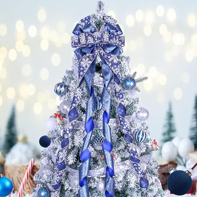 Christmas Tree Topper Wreath Bow Large Christmas Bow Tree Topper 52"x13" Dark Blue Snowflake Patterned Gift Bows for Xmas Holiday Home Wedding Thanksgiving Indoor/Outdoor Decoration