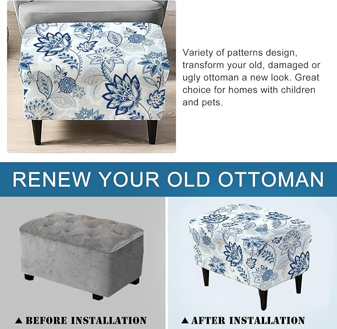 KRFOONN Stretch Ottoman Cover Slipcovers Rectangle Fit Length 27"-35" Footrest Stool Covers Printed Ottoman Cover for Foot Stool Furniture Protector with Non Slip Elastic Bottom, Color 25