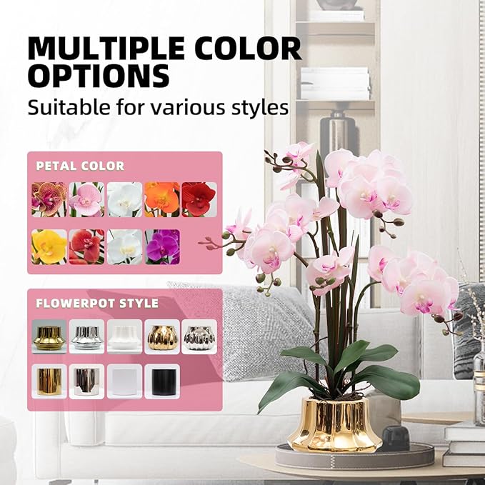 CXGS Artificial Orchid Flower Plant 20.9'' Real Touch Faux Orchids in Ceramic Vase Pink Fake Phalaenopsis Flower Arrangement Silk Orchids with Stems for Centerpiece Table Home Indoor Decor