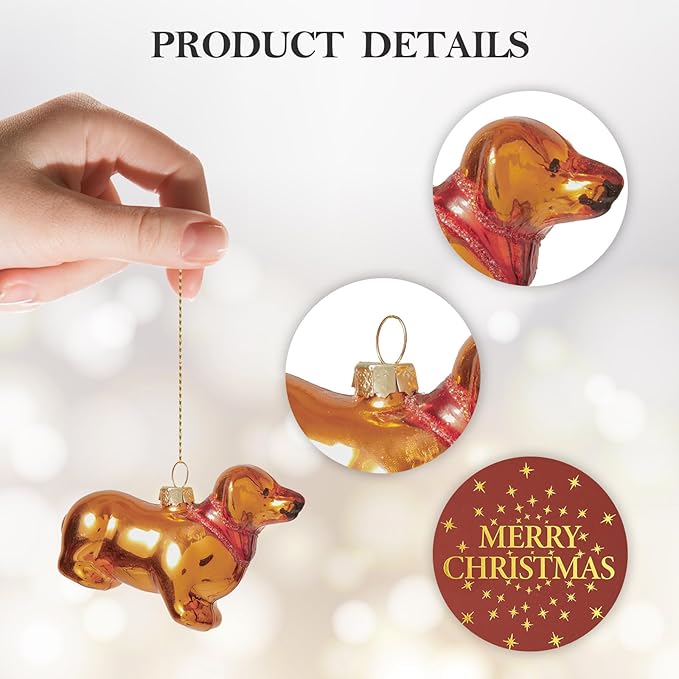 WDS WONDROUS Puppy Ornaments for Christmas Tree, Glass Dog Ornament Cute, Unique Gold Christmas Decor, Xmas Ornaments for Tree Winter Holiday Decor(3.54”)