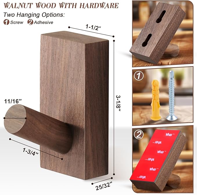 Natural Wooden Wall Hooks, Adhesive & Screw Mount Coat and Towel Hooks - Decorative Key Holder, Hat Rack, Stocking Wall Hangers for Bathroom Entryway Closet - 6 Pack, Walnut Wood