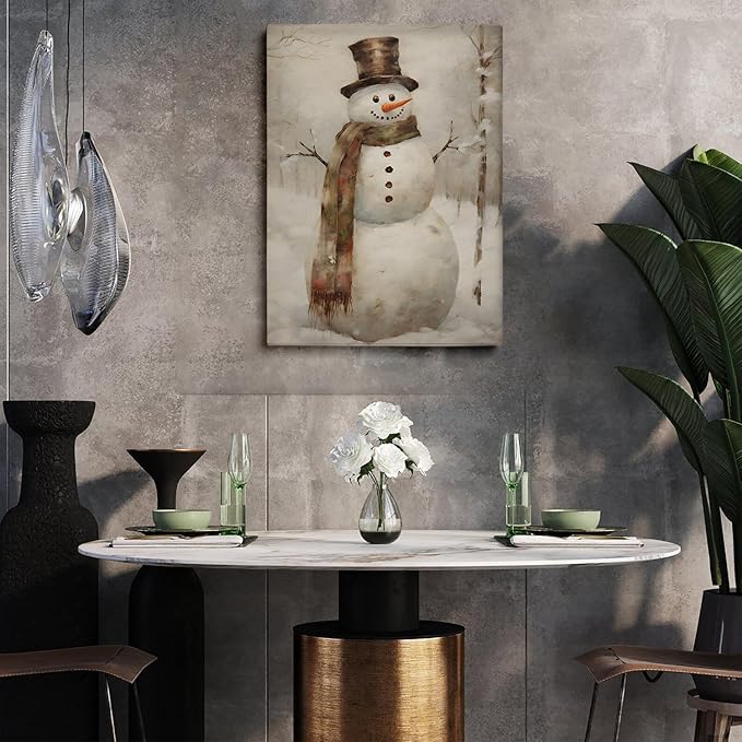 Christmas Snowman Wall Art - Rustic Still Life Painting, Vintage Art Print, Holiday Poster for Living Room Bedroom Decor - 16x24 Inch Unframed