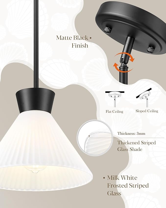 Pendant Lights Kitchen Island, HWH Milk Glass Pendant Light Black Hanging Light Fixture 1-Light, 11'' White Glass Pendant Lighting Height Adjustable, 5HZG98MIL BK