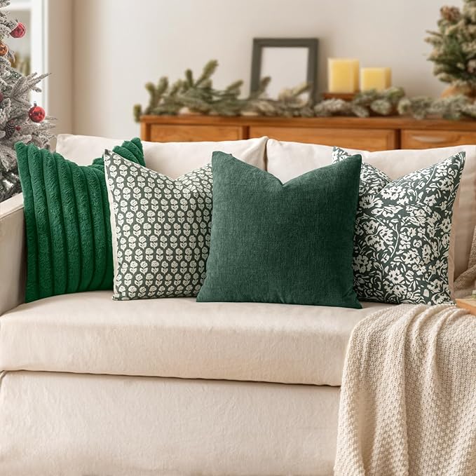 MIULEE Dark Green Couch Pillow Covers 18x18 Inch, Set of 2 Soft Chenille Decorative Square Throw Pillow Covers Christmas Farmhouse for Sofa Living Room Bed