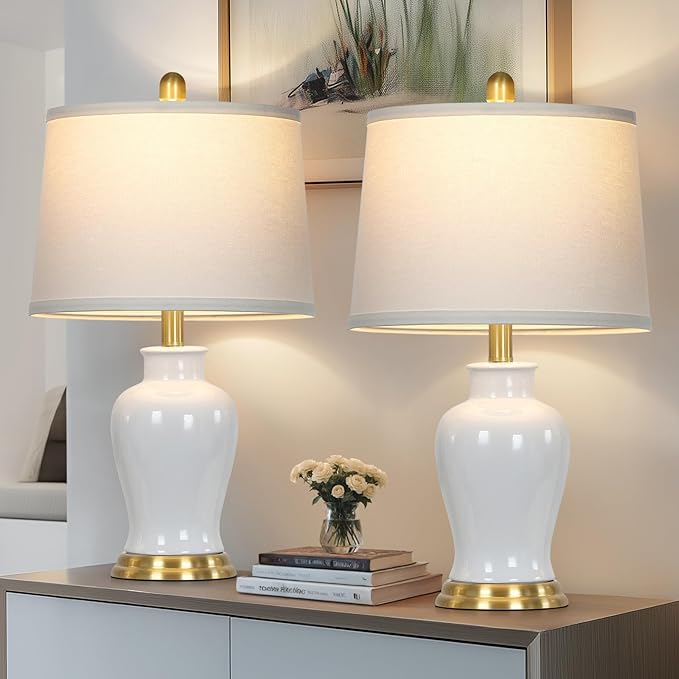 White Ceramic Table Lamps Set of 2, 23" Modern Ceramic Bedside Lamps with Ginger Jar Design, Farmhouse Lamp for Living Room End Table, Elegant Bedroom Lamp for Nightstand Desk Side Home Decor