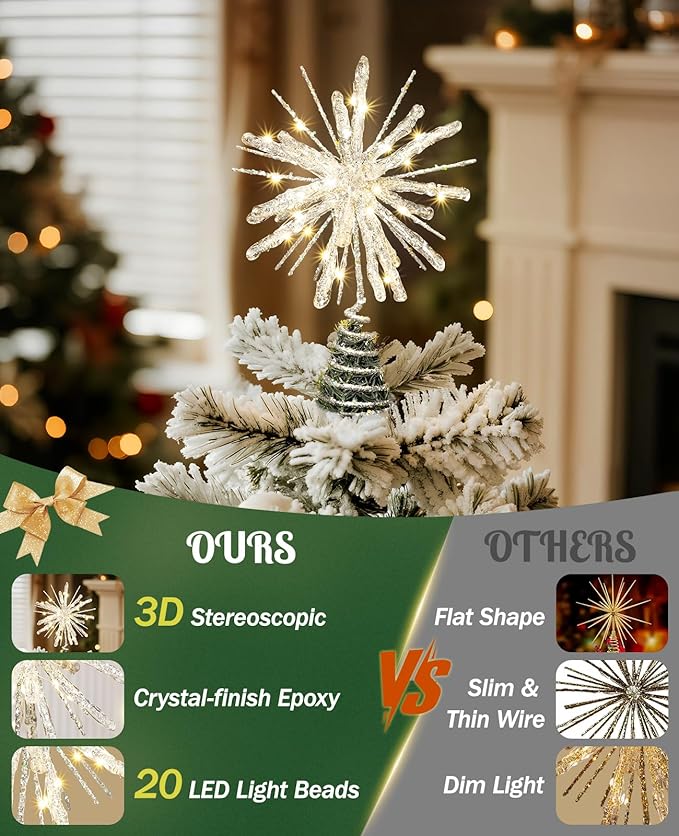 Luxspire Christmas Tree Topper, Crystal Lighted Christmas Tree Star with Remote & USB Starburst Tree Topper for Home Holiday Decor, 6H Timer & 8 Lighting Modes, Starburst Star-Silver