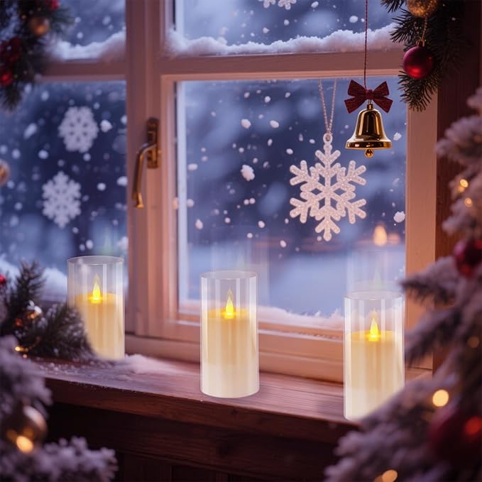 Flameless Candles 4" 5" 6" Set of 3 Acrylic Glass Pillars 3" Diameter Battery Operated Flickering Candles Include 10-Key Remote with Timer Function 400+ Hours (Pure White, Warm Light 2 Pack)
