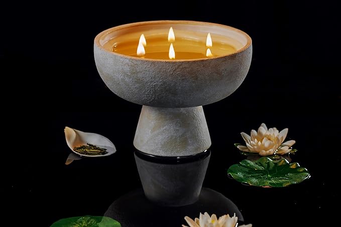 Blueme Balance Candle | White Lotus & Tea | 6 Wick - Refillable Wellness Candle with Essential Oils, Hand Finished & Poured Soy Wax Blend Ceramic Vessel, Natural Cotton Wicks | Giant 45 oz