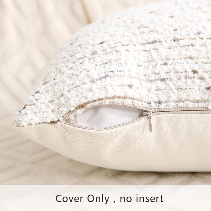 Textured Boucle Pillow Covers 18x18 Neutral Striped Throw Pillows Soft Modern Farmhouse Pillow Cases, 1pc Decorative Accent Square Couch Cushion Cover for Bed Chair Living Room, White