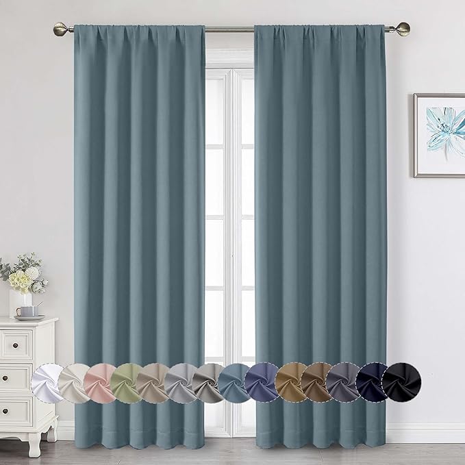 Stone Blue Blackout Curtains 84 Inches Long 2 Panels Set, Soft Solid Thermal Insulated Room Darkening Curtains for Bedroom Living Room, Rod Pocket Drape, 50" Wx84 L