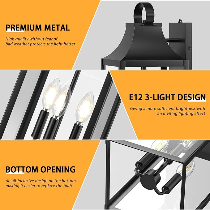 20" Extra Large Dusk to Dawn Outdoor Wall Light, Black Exterior Lighting Fixtures with 3-Light, Waterproof Wall Mount Porch Lantern, Modern Outside Wall Sconce Garage Coach Light, E12, 1 Pack