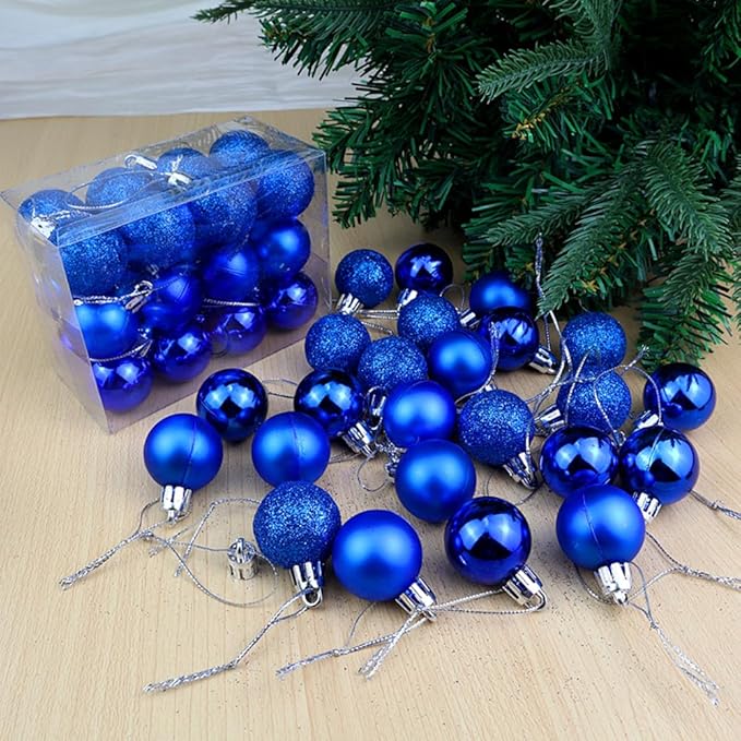 ALIMITOPIA 24pcs Christmas Ball Baubles 1.2 inches Shatterproof Plastic Hanging Balls Pendant for Tiny Xmas Tree Decoration (Tiny Size;Blue)