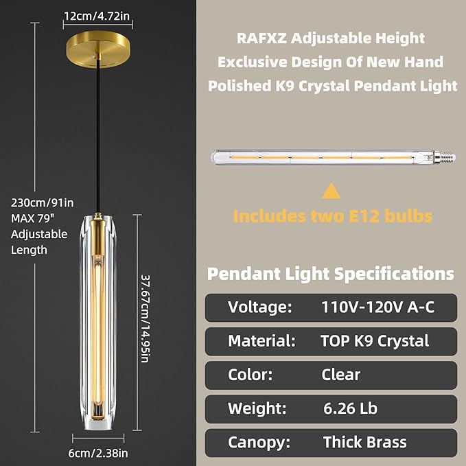 Modern K9 Crystal Kitchen Island Pendant Light,14.95'' Clear Crystal Island Pendant Lights,1 Light Indoor Crystal Pendant Light, for Kitchen Dining Bathroom Bedroom,Included 2 Bulb