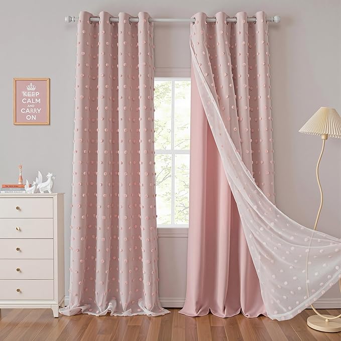 MYSKY HOME Pink Curtains for Girls Room 84 Inches Long 2 Panels Girls Curtains wiht Pink Pom Pom Sheer Blackout Nursery Curtain Room Darkening 2 Layered Window Drapes for Toddler Grommet, 52 x 84 Inch