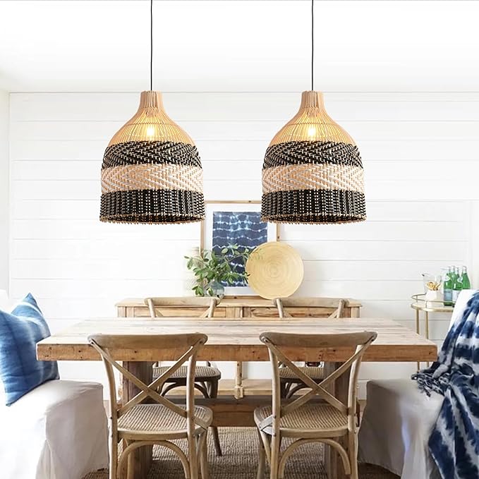 Rattan Pendant Light 1-Pack Black White Faux Rattan Basket Chandelier 11.8" Boho Handmade Woven Oval Wicker Hanging Light Fixture for Public Place Dining Living Bedroom Kitchen