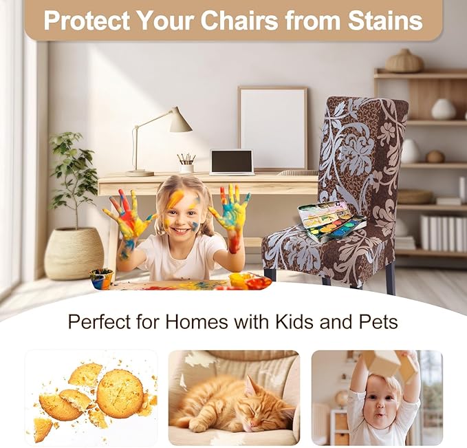 SearchI Dining Room Chair Covers Set of 4, Stretch Printed Parsons Chair Slipcovers Removable Washable Kitchen Chair Protector Cover for Dining Room, Hotel, Ceremony (Brown+Flower)