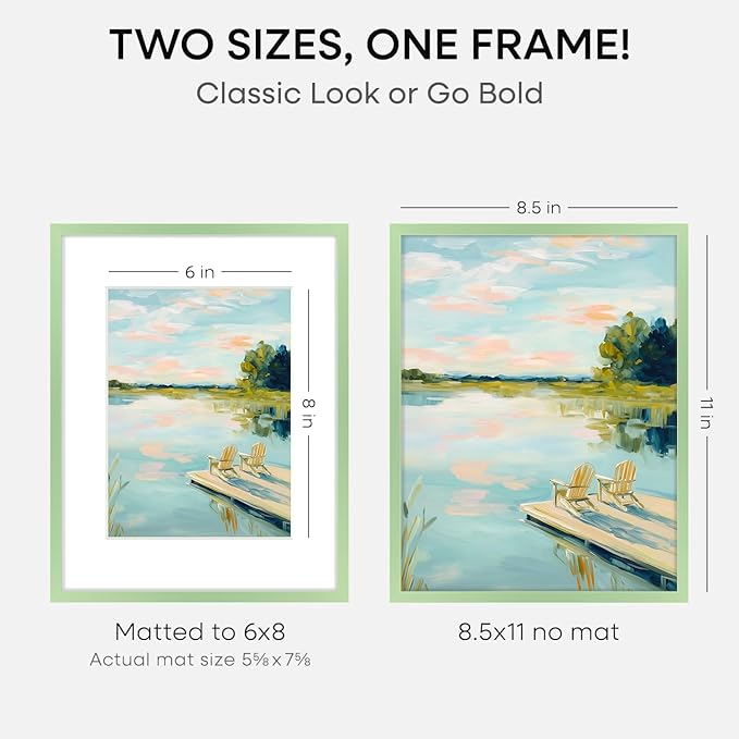 Homeforia 8.5x11 Sage Green Frame, High End Metal 8.5 x 11 Picture Frames with Mat 6 by 8 inch Photo, 11x8.5 Poster Frame Matted to 6x8 Art, Wall or Tabletop Frames, Tempered Glass, Wall Kit, Set of 2
