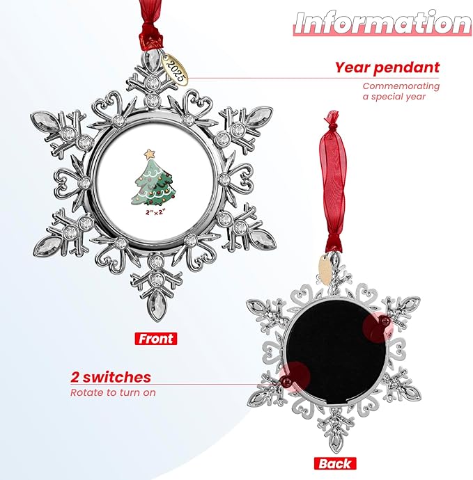 2025 Snowflake Picture Frame Christmas Ornaments 2" Metal Hanging Pendant for Tree Small Decorative Keepsake, Display Photo for Baby and Pet (Silver (2025))