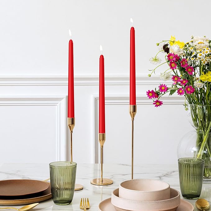 30 Pack Red Taper Candles - Taper Candles 10 Inch Dripless, Smokeless & Unscented - 8 Hours Long Burning - Hand Poured Tall Candlesticks - Ideal for Weddings, Dinner Parties, and Home Decor