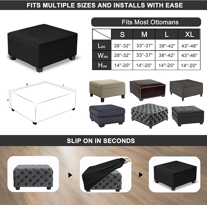 NeColorLife Waterproof Square Ottoman Cover,Thick Stretch Velvet Slipcover for Footstool,Non-Slip Soft Furniture Protector for Pets and Dogs,Black,Large
