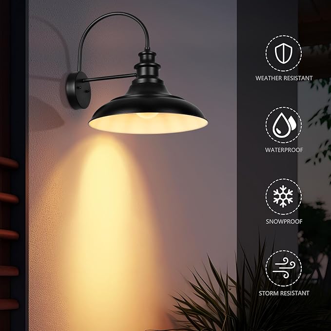 Outdoor Barn Light Fixture, 16 Inch Large Dome Farmhouse Exterior Wall Mount Light, Rustic Wall Sconce Indoor Wall Lighting Fixture, Industrial Black White Lantern for Porch, 1 Pack