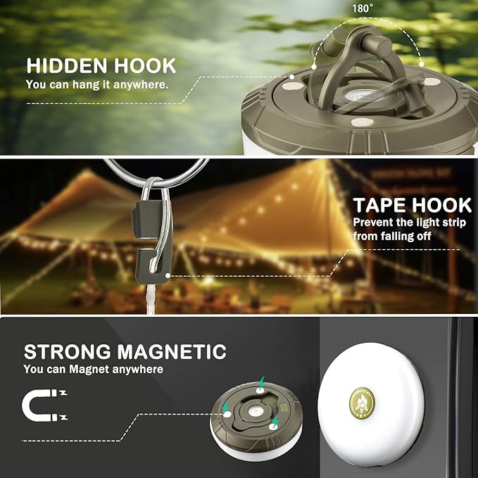 2-Pack Camping String Lights, 4 in 1 Outdoor Camping Lantern with 8 Lighting Modes(32.8Ft), Quick 30s Recovery, Waterproof, Type-C Fast Charging, Portable Lights for Camping/Yard/Hiking