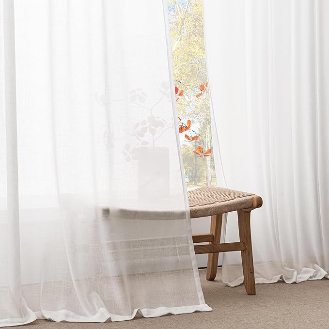 Pure White Linen Curtains 80 inches Long 2 Panels for Living Room Semi Sheer Light Filtering Window Drapes with Back Tab Burlap Textured Modern Farmhouse Coastal Curtains for Dining Room Office