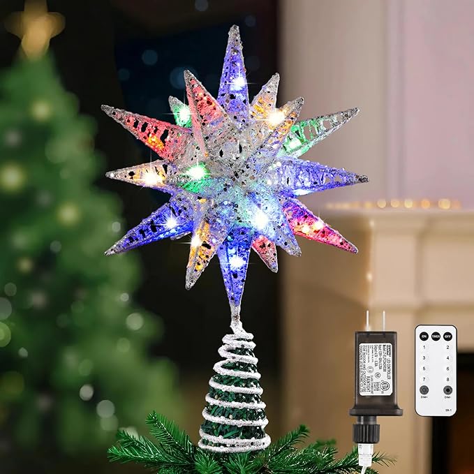Lewondr Christmas Tree Topper, Plug in 3D Starburst Xmas Lighted Star Tree Topper, Remote Control & Timer Light Up Vintage Moravian Tree Topper for Christmas Decoraiton, Colorful Light, Silver White