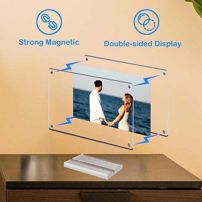 Acrylic Picture Frame 6x4 Inch Picture Floating Display Clear Magnetic Acrylic Frame Double Sided Photo Frame for Desktop Stand (Clear (1 Pack, 4X6)