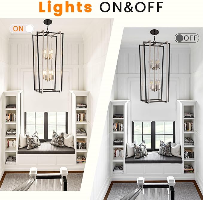 WJShome 8-Light Modern Chandelier, Farmhouse Foyer Lighting Fixtures, Chandeliers for High Ceilings, Black and Silver Lantern Pendant Light Fixtures, for Staircase, Entryway Hallway