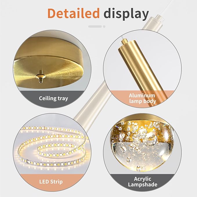 Modern Gold LED Pendant Light, Kitchen Island Ceiling Hanging Lights, Teardrop Bubble Crystal, 3 Color 2700K/4500K/6500K, Bedside Small Chandeliers Lamps for Bar, Dining Room, Bathroom, Hallway