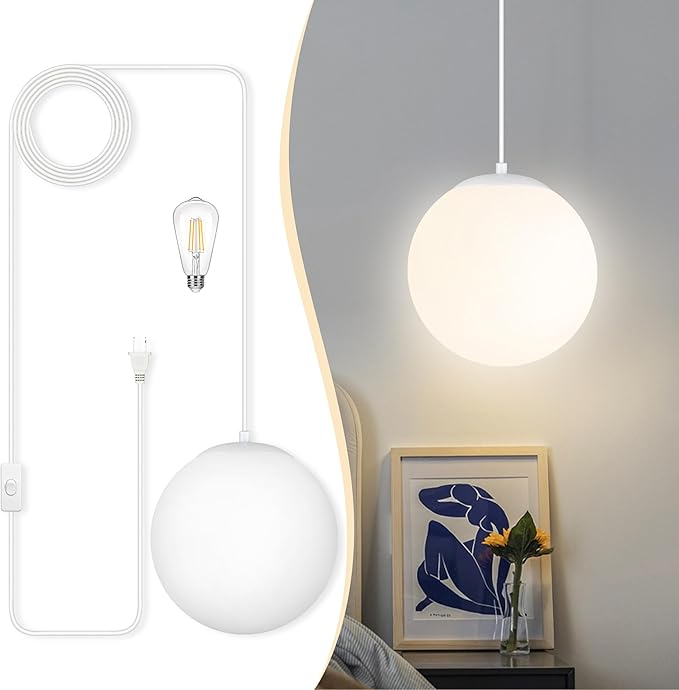 KoKo&Yukina 10" Globe Pendant Light White Plug in Pendant Light Adjustable Hanging Lights with Plug in Cord Matte White Finished with Milk Glass Lampshade for Bedroom Kitchen Island（Bulb Included）