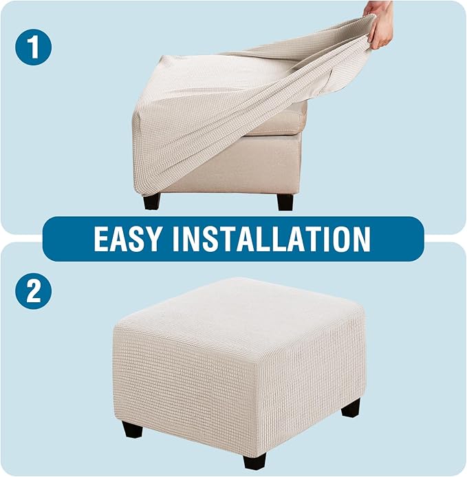 H.VERSAILTEX Square Ottoman Covers Ottoman Slipcovers Folding Storage Stool Furniture Protector Form Fit with Elastic Bottom, Stretch High Spandex Small Checks Jacquard Fabric(Large,Ivory)