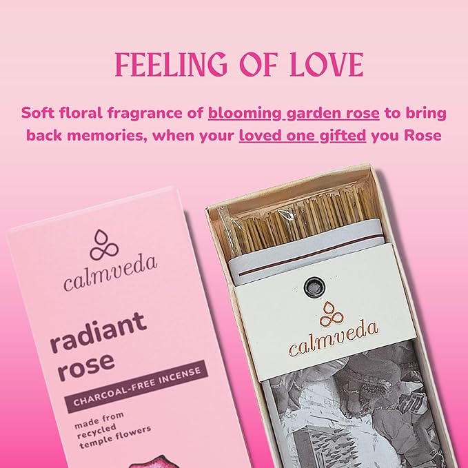 Rose Incense Sticks, 80 Sticks - Charcoal Free, Handmade by Indian Artisans, Perfect Housewarming Gift, Promotes Love & Care