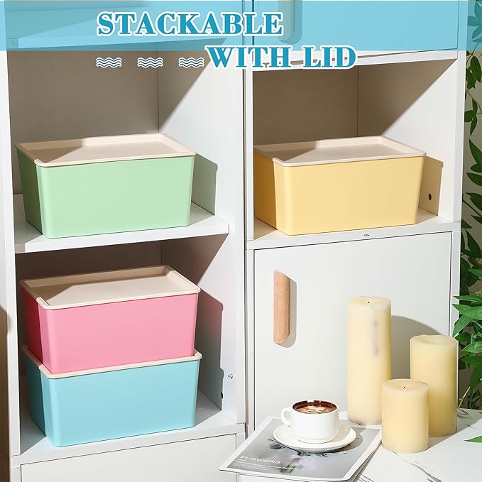 Menkxi 4 Pcs Storage Bins with Lids Plastic Stackable Containers for Organizing Shelves Christmas Ornament Box Baskets(Red, Green, Yellow, Blue,Small)