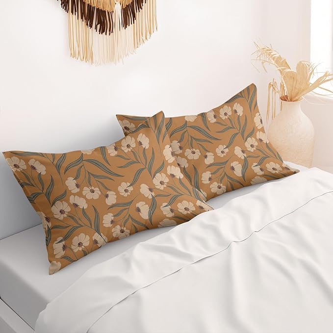 Boho Floral Pillow Protectors with Zipper Standard Size Vintage Botanical Leaf Pillow Covers Set of 2 Rustic Nature Wildflowers Pillow Cases Antique Midcentury Modern Bed Pillow Covers 20"x30" Orange