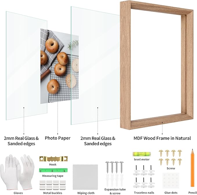 12x12 Floating Frames 2 Pack Wooden Photo Frame Double Sided Glass Picture Frame for Any Size Picture up to 12x12, Wall Mount or Tabletop Displays, Double-edged Frames, Natural