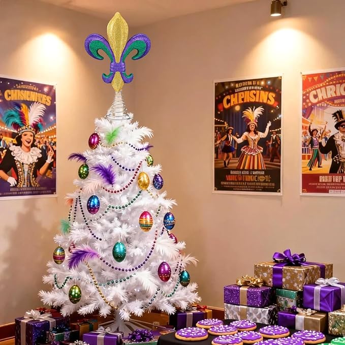 Gejoy 13 Inch Mardi Gras Tree Topper Glitter Purple Gold Green Tree Topper Fleur-de-lis Carnival Ornaments for Mardi Gras Carnival Party Holiday Decor Gifts