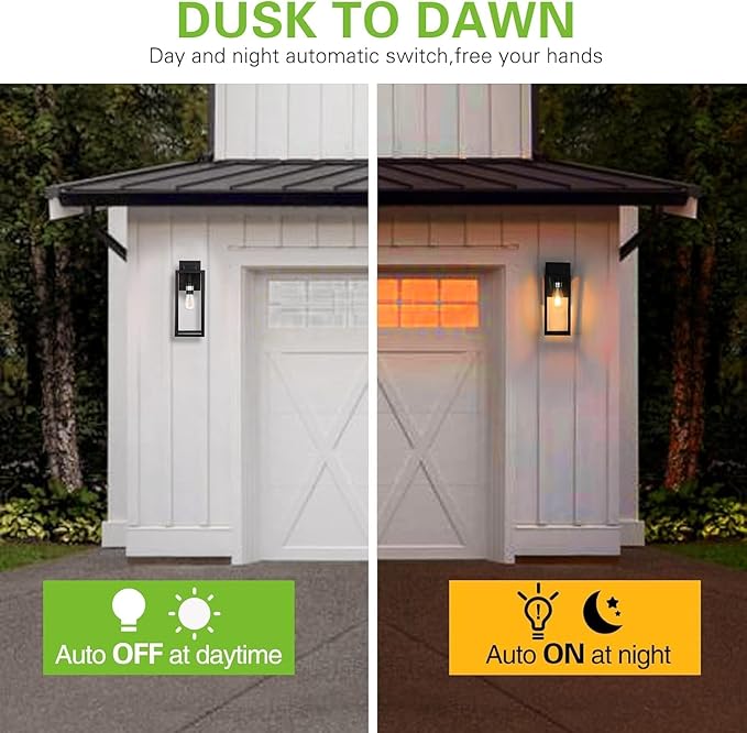 hykolity Large Outdoor Wall Light, 16 Inch Lantern, Dusk to Dawn Exterior Waterproof Sconce, Anti-Rust Mounted Lighting with Glass Shade, Matte Black Lamp with E26 Socket for Porch, 2 Pack
