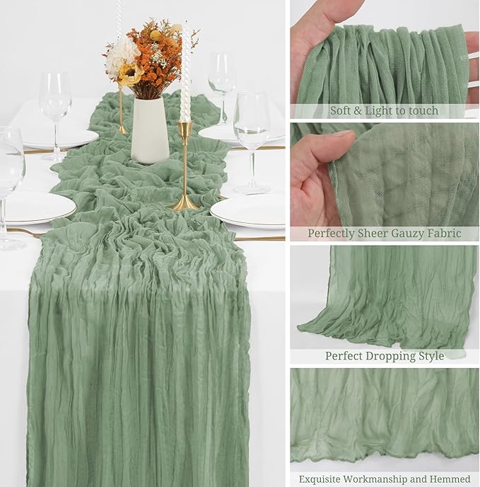 12 Pack Sage Green Cheesecloth Table Runner,10FT Gauze Boho Long Cheesecloth Table Runners 20x120inch Rustic Cheese Cloth Table Runner for Wedding Party Bridal Shower,Christmas Decorations