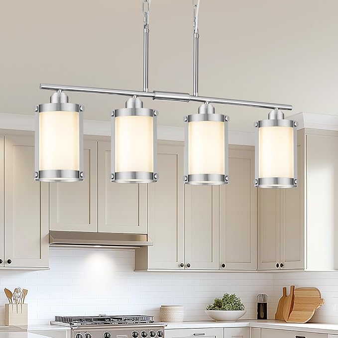 4-Light Kitchen Island Lighting, Brushed Nickel Linear Dining Room Light Fixtures with Frosted Glass, Modern Industrial Chandelier Pendant Light for Kitchen Island Dining Room, OS-3014-4ISBNW