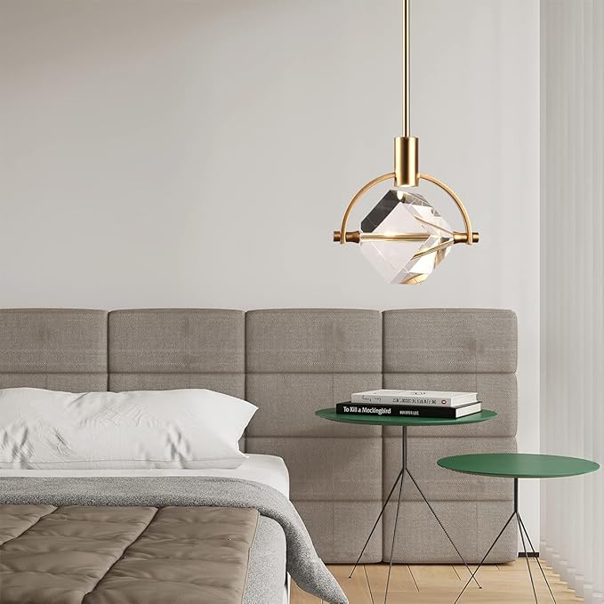 Brass Pendant Light, Cube Crystal Pendant Light Fixture for Kitchen Island, Modern Small Pendant Ceiling Dimmable Light for Dining Room, Vanity Pendant Haging Light for Bedroom