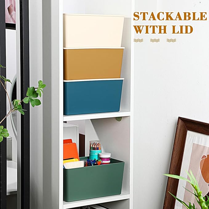 Menkxi 4 Pcs Storage Bins with Lids Plastic Stackable Containers for Organizing Shelves Christmas Ornament Box Baskets(Mixed Color,Small)