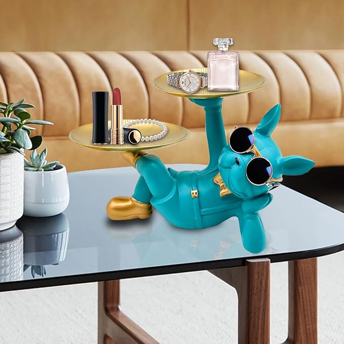 Resin French Bulldog Tray Statue, Lying Bulldog Candy Dish Key Holder Bowl, French Bulldog Accessories, Statues for Office Desk Home Decor Figurines Entryway Table Decor (Blue Green)