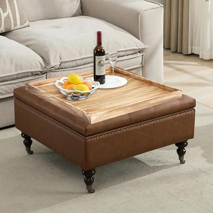 Square Wood Ottoman Serving Tray 24" - Rustic Wooden Table Tray for Farmhouse Decorative Oversized Coffee Table Trays Living Room Kitchen Counter Breakfast Nature