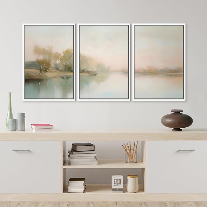 MUDECOR Framed Wall Art Print Set Soft Pastel Landscape Serene Waters and Reflections Illustrations Modern Art Boho Decorative Colorful Chic for Living Room, Bedroom, Office - 24"x36"x3 White