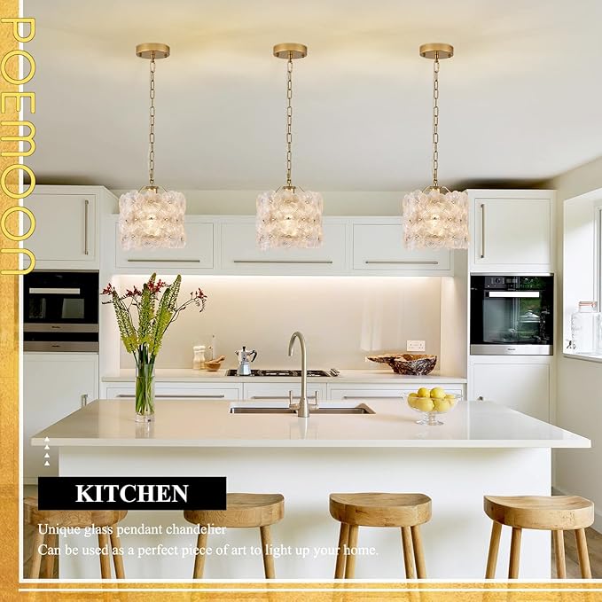 2-Pack Gold Glass Pendant Light Modern 1-Light Flower Small Ceiling Pendant Lighting for Kitchen Island Sink Dining Room Bedroom Entryway Hallway, E26